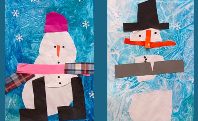 Two glued-on snowmen on a cling film painted background