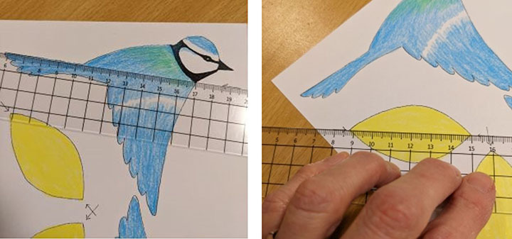 a ruler laid over the paper bird to help score the paper