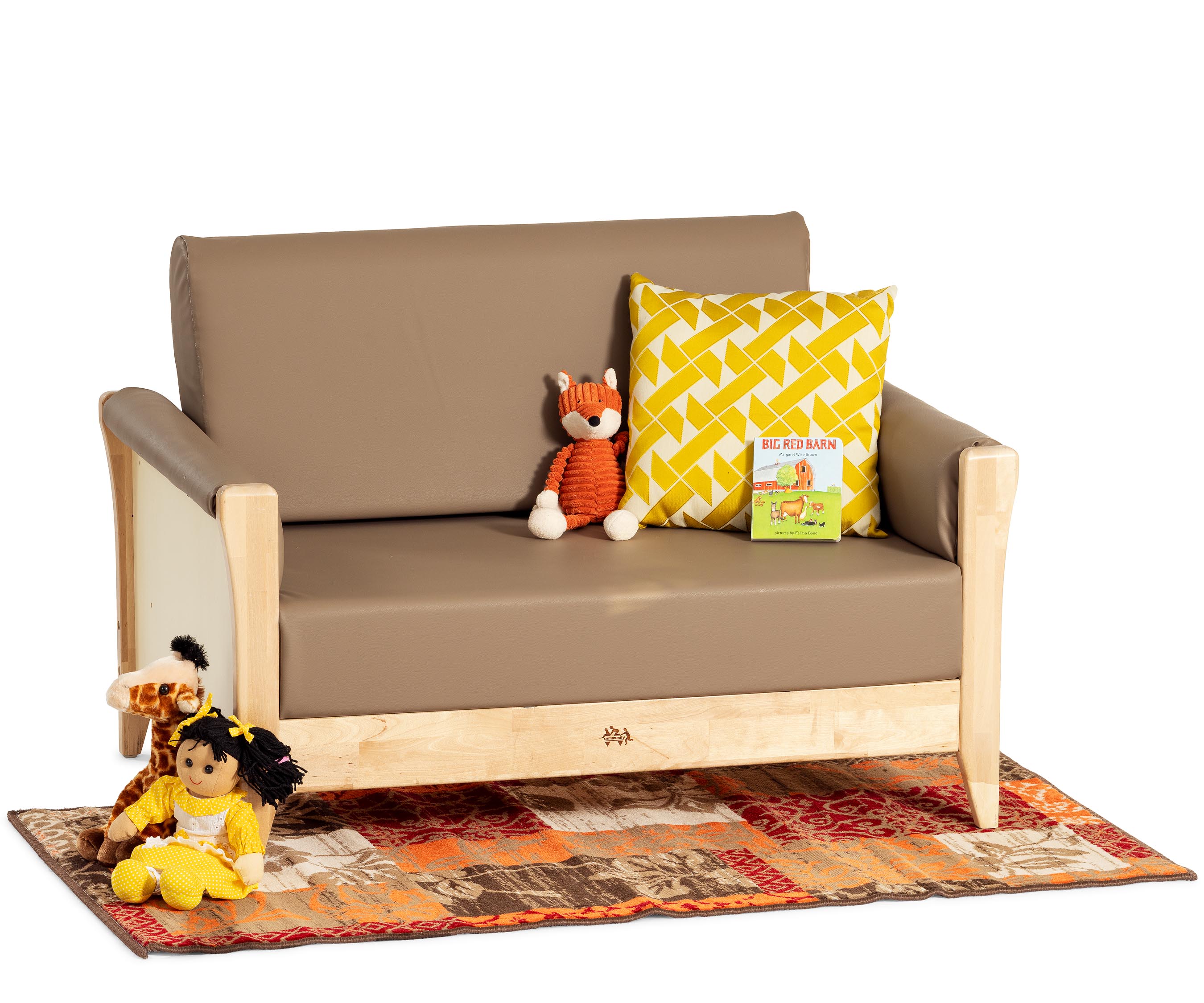 Nursery sofa with mocha-coloured cushions, and propped with a toy fox
