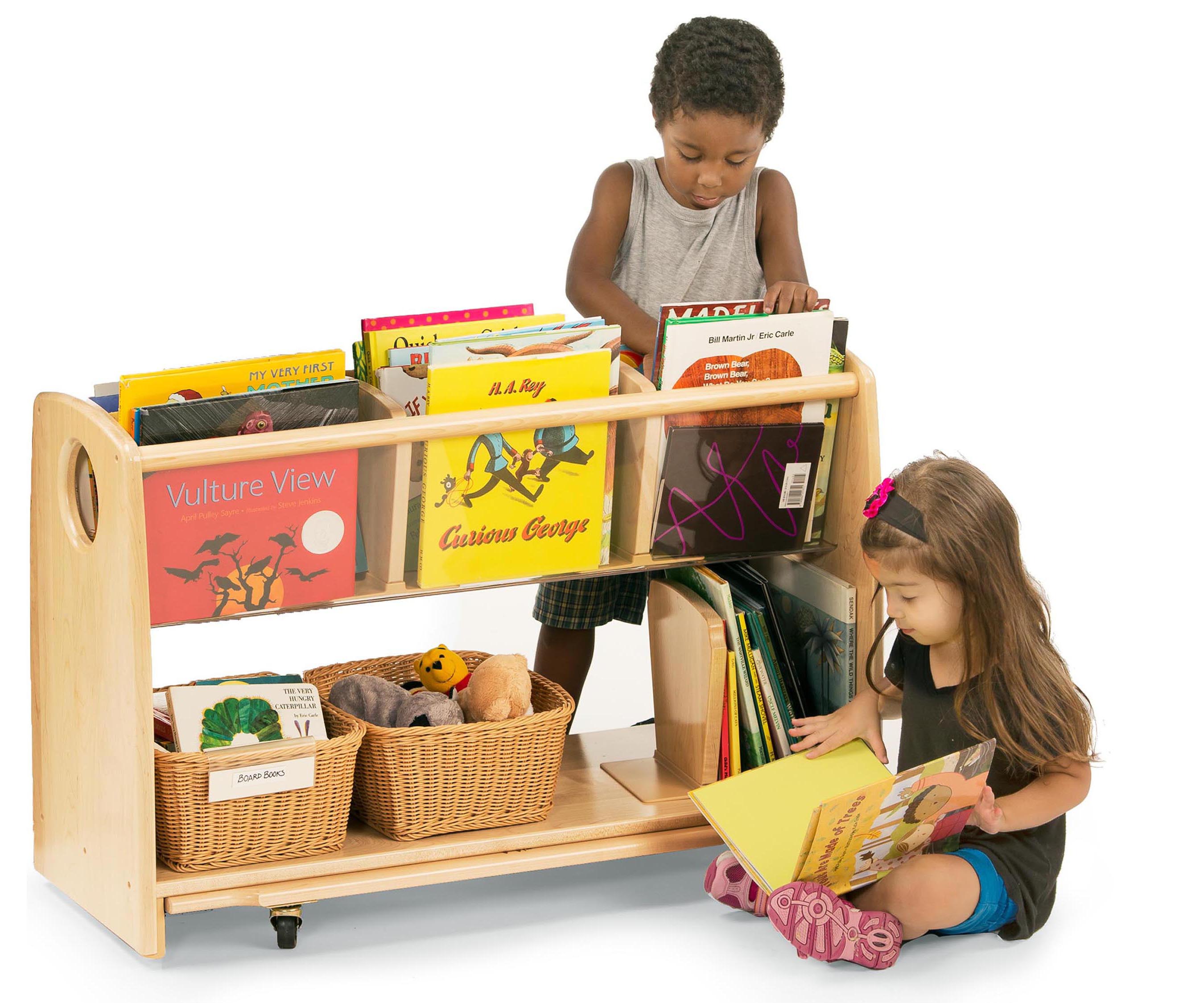 books placed in a mobile solid wood book trollley for school and nursery settings
