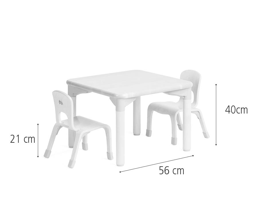 C222 Square play table 40 cm and two chairs 21 cm dimensions